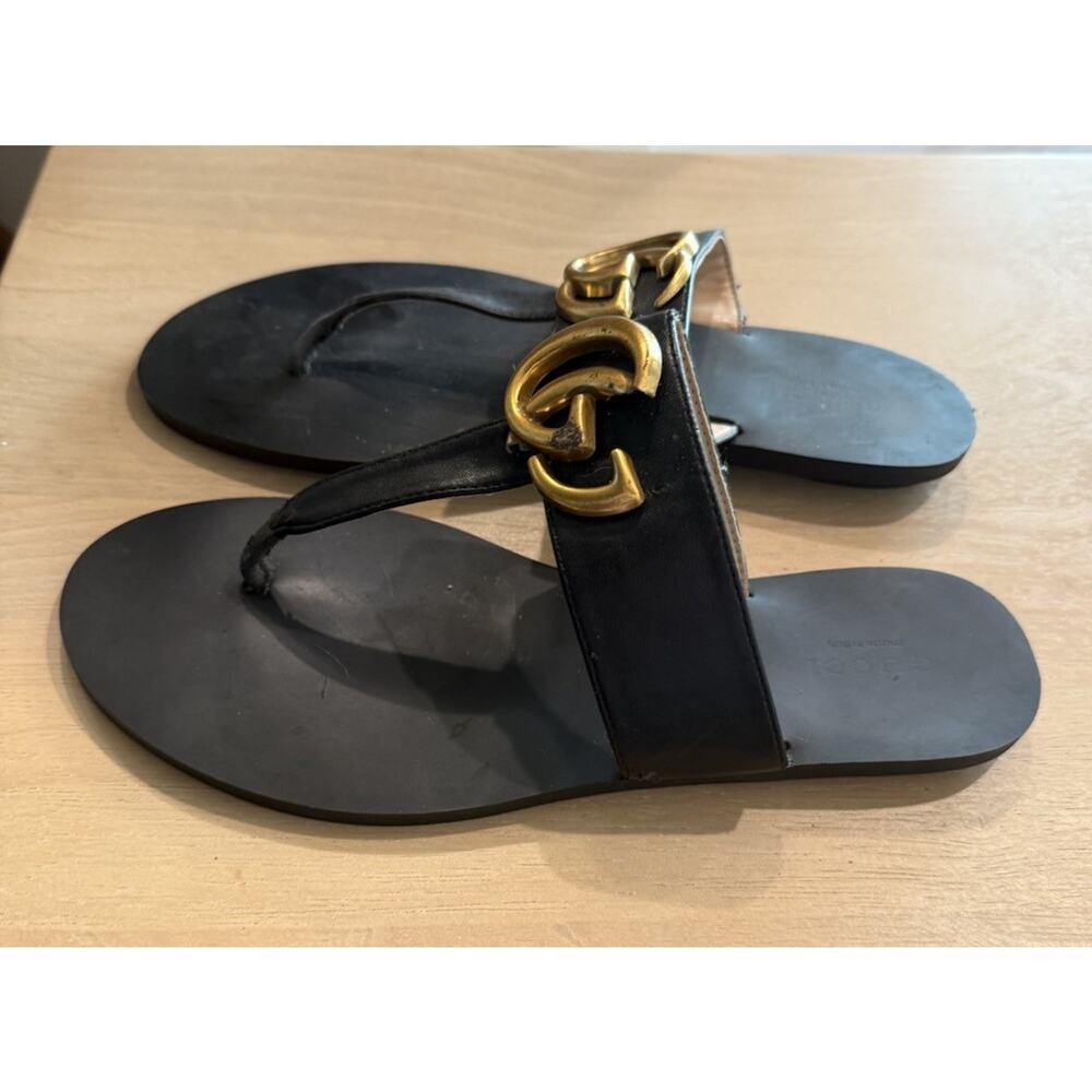 Gucci Marmont GG Women Thong Sandals Black Leather Size 39 US 8.5 Hardware Flaw - Picture 3 of 10